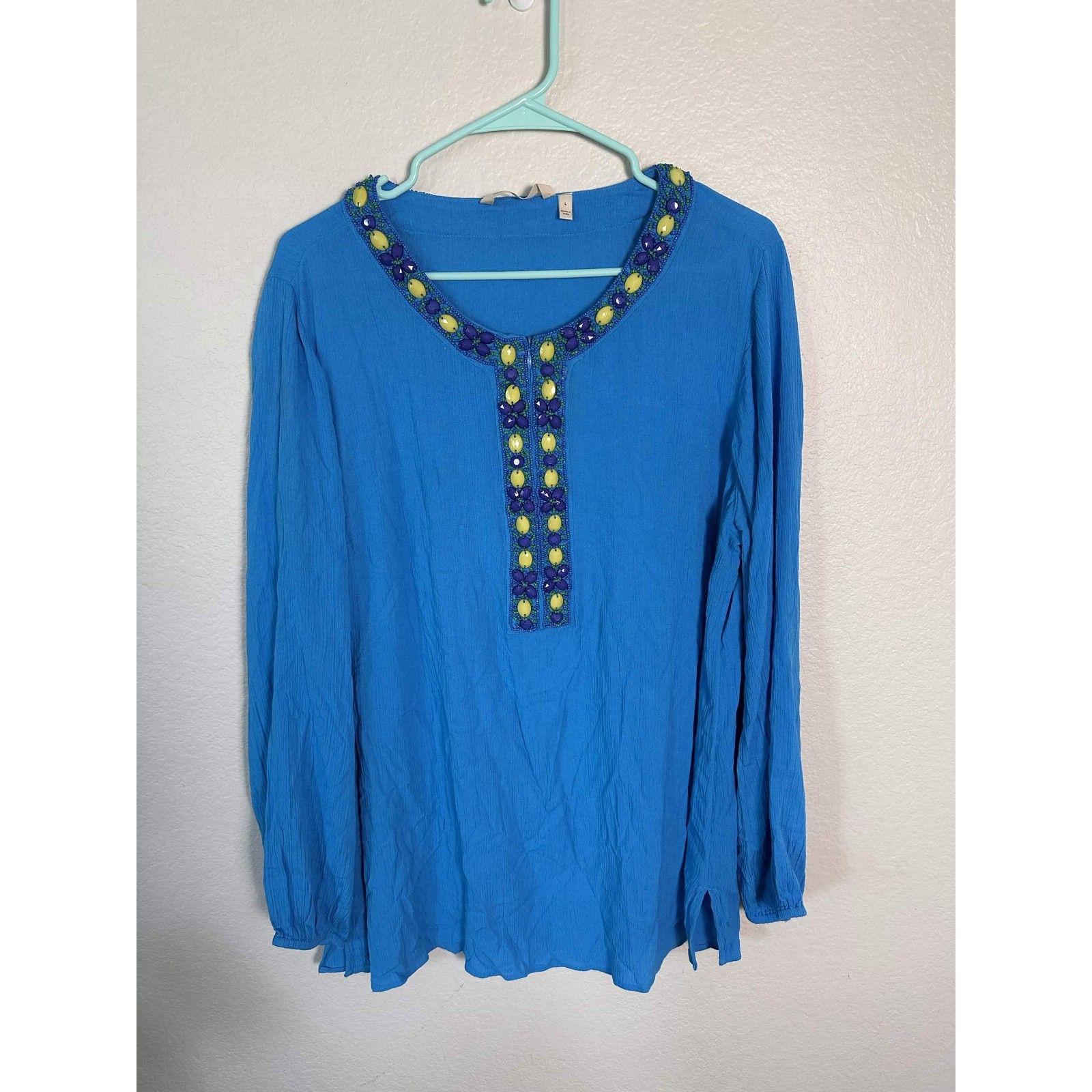 Soft Surroundings Blue Crinkle Gauze Beaded Tunic Blouse Top Large Resortwear